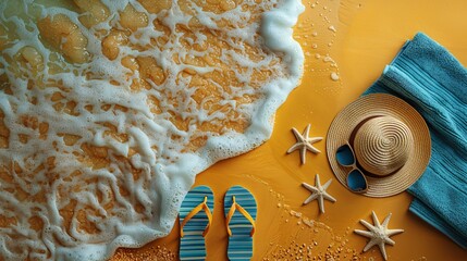 Sun gear on bright backdrop - shades, beach blanket, thongs and banded cap - idea of upcoming season. - obrazy, fototapety, plakaty
