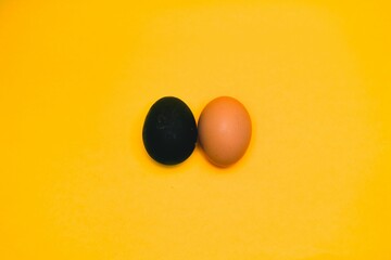 Top view of a black and brown egg on an orange background
