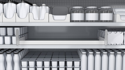 Mockup of retail shelves with shelf talkers, shelf stoppers and blank dairy products. 3d illustration