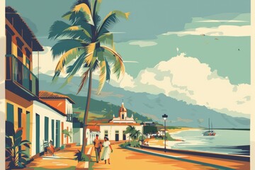 Summer time Vintage travel poster, street in a city by the sea. Summer holidays, vacation travel