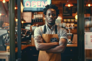  Portrait of african american confident young male barista, cross arm, standing in a bright coffee cafe - Powered by Adobe