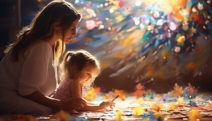 A young girl is painting a picture with a variety of colors