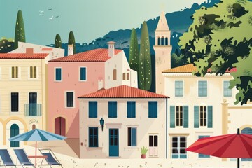 Fototapeta premium Summer time Vintage travel poster landscape, town, street, houses. Summer holidays, vacation travel