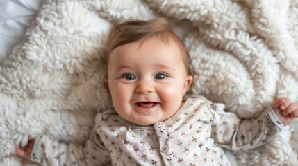 Fototapeta na wymiar Photo funny baby smiling and lying on a white bedding at home