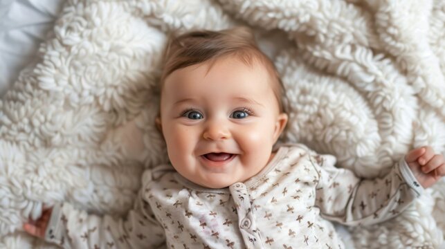 Photo funny baby smiling and lying on a white bedding at home