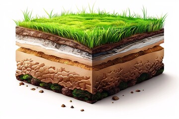 Illustration of grass and soil layers, including organic minerals, sand, and clay, in a cross-section view.