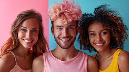 Three attractive individuals on a vibrant backdrop, representing the idea of open relationships.