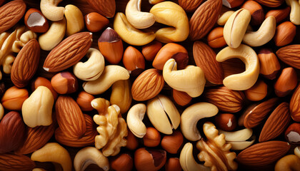 A close up of nuts and seeds, including walnuts, almonds, cashews, and peanuts