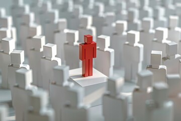 Fototapeta premium A red figure stands prominently among numerous white figures in a crowded setting, symbolizing individuality and leadership in a diverse community gathered in a public space