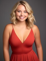 Fototapeta premium a beautiful fat blonde model woman posing in a light red summer dress , smile