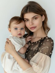  beautiful model woman with a baby in her arms, 25 year old, brown hair