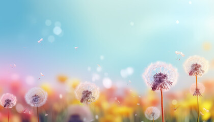 A field of dandelions with a blue sky in the background