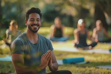 Gay Yoga Instructor Leads an Outdoor Yoga Class in a Serene Park Setting
