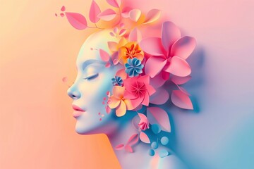 Stunning 3D Illustration of Woman's Head Decorated With Vibrant Flowers on Gradient Background