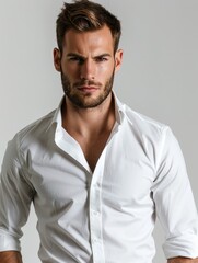 Obraz premium Handsome male model, brutal, 35 year old, short hair, millionaire businessman, In the white shirt