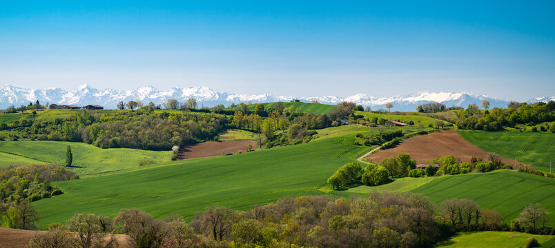 Countryside landscape in the Gers department in France with the Pyrenees mountains in the background