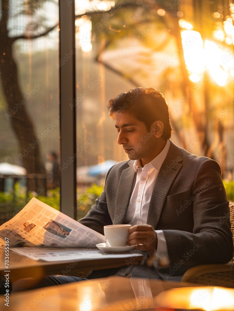 Wall mural a young indian entrepreneur enjoying coffee and perusing a newspaper at a cafe, with a modern office