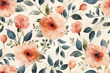 Hand-painted vintage floral pattern in rustic style on ivory background with abstract floral and plant design.