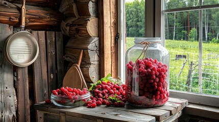 Homemade dessert of canned raspberries in a glass jar on a wooden table. A visual feast for the...