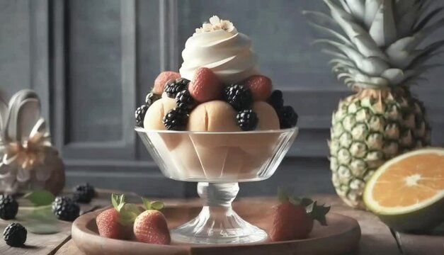A fantasy ice cream sundae tower adorned with exotic fruits