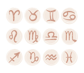 Graphic symbols of the zodiac signs with a design of stars and a thin outline, a set of astrology illustrations, fortune telling, esoteric tattoos. Hand drawn vector illustration.