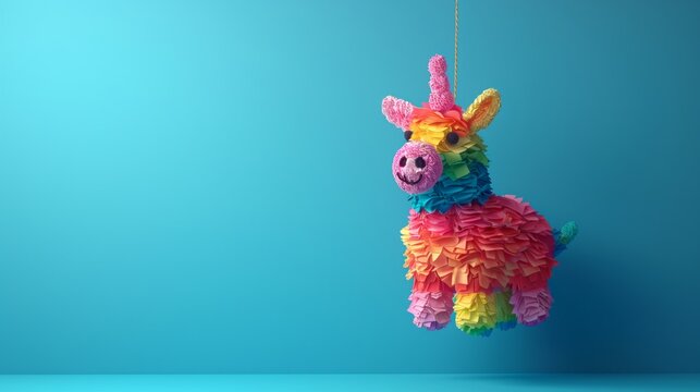 Festive Mexican Pinata for colorful party decorations, Minimalist depiction of a colorful pinata hanging from a string on a solid background