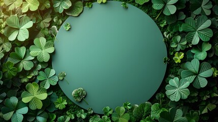 a green background with shamrock leaves and a green circle in the middle of it - obrazy, fototapety, plakaty