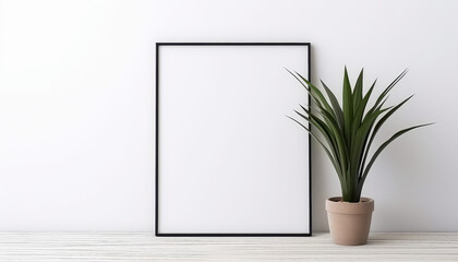 A black frame with a white background sits on a wooden table