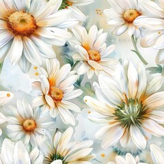 Delicate daisy flowers, seamless pattern, light watercolor, spring mood . Seamless pattern, Fabric Pattern, Tumbler Wrap, Mug Wrap.	