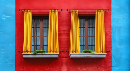 A minimalist illustration of window on the exterior of a building and a wall that plays with bold color contrast. between yellow blue and red Suitable for attracting attention, Communicate a message.