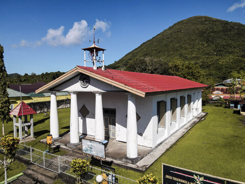 Aerial view of old church called Hollandische Kerk was built in the 1600s, Banda Naira. Maluku, Indonesia, April 13, 2024