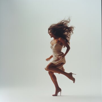 Joyful woman in elegant attire leaping against a light backdrop, embodying freedom and style.