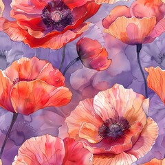 Artistic poppies, seamless pattern, watercolor, vibrant and light. Seamless pattern, Fabric Pattern, Tumbler Wrap, Mug Wrap.	
