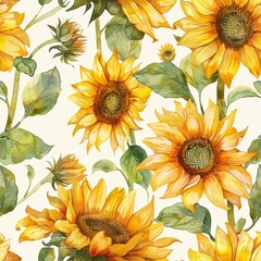 Sunflowers field, seamless background, light watercolor, joyful and bright. Seamless pattern, Fabric Pattern, Tumbler Wrap, Mug Wrap.	