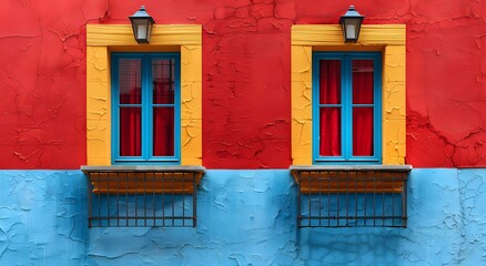 Fototapeta na wymiar A minimalist illustration of window on the exterior of a building and a wall that plays with bold color contrast. between yellow blue and red Suitable for attracting attention, Communicate a message.