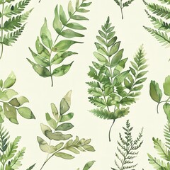Light watercolor ferns, seamless botanical pattern, natural elegance . Seamless pattern, Fabric Pattern, Tumbler Wrap, Mug Wrap.	
