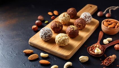 Raw vegetarian energy balls with cashews, hazelnuts, peanut butter and almond in the wooden