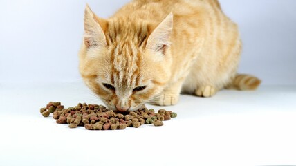 Closeup shot of the brown cat eating cat food on a white background