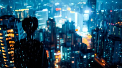 A quiet moment of reflection as someone gazes out at the rain-soaked city from a high-rise, the night aglow with myriad lights.