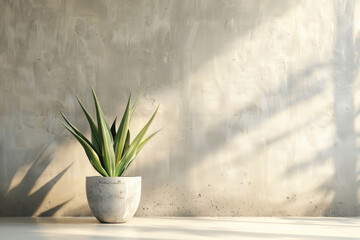 Minimalistic abstract light beige wall background for product presentation with sunlight shadow and sansevierija plant on the floor