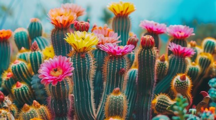 A cluster of flying cacti with colorful flowers on top   AI generated illustration - obrazy, fototapety, plakaty