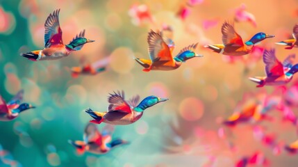 A cluster of flying ducks in bright colors   AI generated illustration