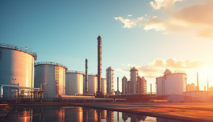 A large industrial plant with many tanks and a large truck - obrazy, fototapety, plakaty