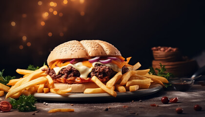 A large hamburger with fries and a bun on a table