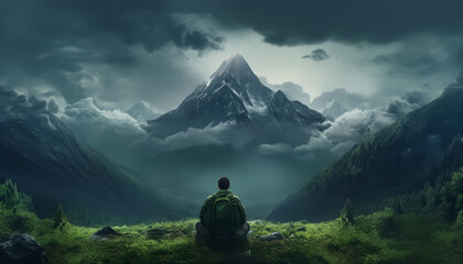 A man is sitting on a grassy hillside in the mountains - Powered by Adobe