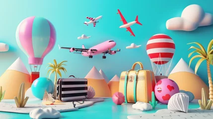 Deurstickers Vibrant and abstract travel elements in a surreal landscape 3d style isolated flying objects memphis style 3d render   AI generated illustration © ArtStage