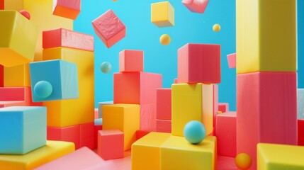 Vibrant building blocks in a digital playground 3d style isolated flying objects memphis style 3d render   AI generated illustration