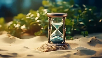 Foto op Canvas A sand timer is sitting on the beach with a shell next to it © terra.incognita