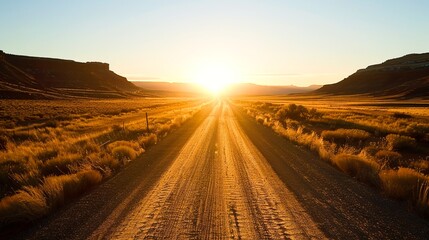 A quiet moment of reflection as the sun rises over a desert landscape, the road ahead promising endless possibilities. - obrazy, fototapety, plakaty