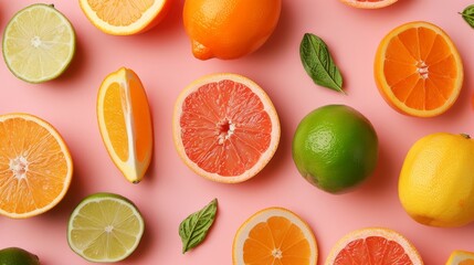 Vibrant citrus on a pastel pink background   AI generated illustration